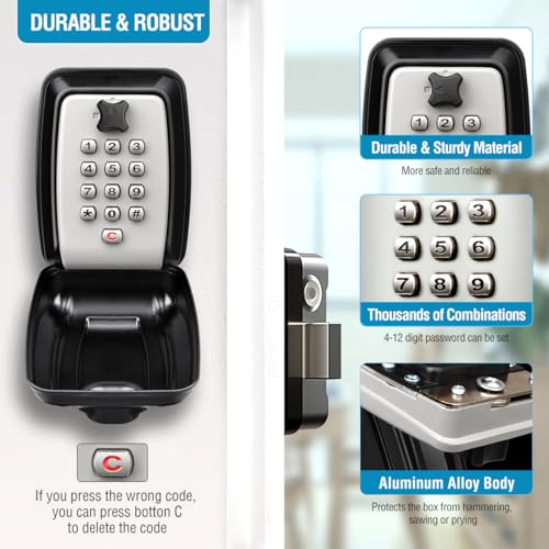 Faneam Key Box with Large Exterior Code, Wall Safe Box with Combination 12 Digits Waterproof for Home, Garage, School, Office