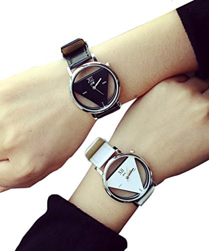 2PCS Couple Hollowed-out Triangular Fashion Watches Womens Boyfriend Watch White &amp; Black Leather Strap