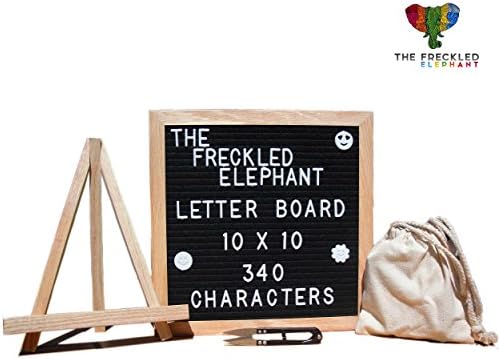 Letter Board by THE FRECKLED ELEPHANT - Wooden Black Felt Changeable Message Board 10x10 Inches - Solid Oak Wood Frame Board, 340 White Letters, Retractable Stand, Wall Mount, Canvas Bag &amp; Cutter