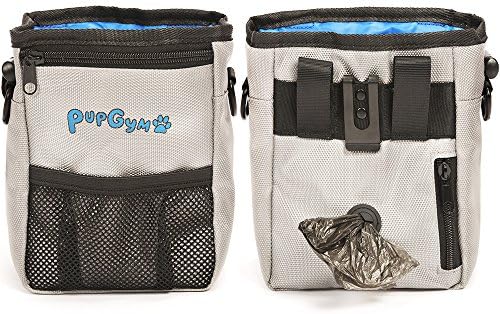 PupGym Dog Treat Pouch and Training Bag for Carrying Treats and Pet Toys with Poop Bag Dispenser, Reflective Shoulder Strap and Zippered Pockets - Includes 1 Roll of Waste Bags