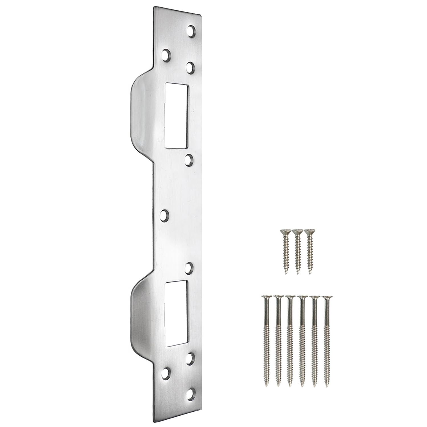 Photo 1 of Door Strike Plate Reinforcement Plate, Front Door Strike Plate, Double Strike Plate for 5-1/2 in. Hole Centers, Heavy Duty, Front Door Security Devices Door Latch Plate (Satin Nickel, 1 Pack)