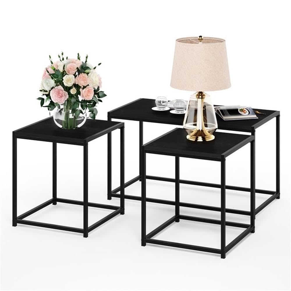 Furinno CAMNUS Coffee Table, Metal Frame Modern Coffee Table and Side Tables Set, Toolless Side Table Sets, for Living Room, Bedroom, Home Office, Americano