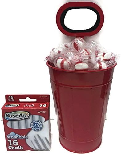 Red Chalkboard Candy Bucket Pail Dish Filled with Soft Striped Mints and Box of Chalk