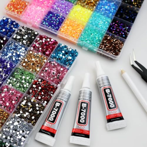 Chenghoo Bedazzling Kit 48000Pcs 48 Colors Resin Jelly Rhinestones, Multicolor 3mm Flatback Gems for Diamond Art, Bedazzler Kit with 6Pcs 10ml B7000 Jewelry Glue & Tools for Nail Art Crafting Makeup