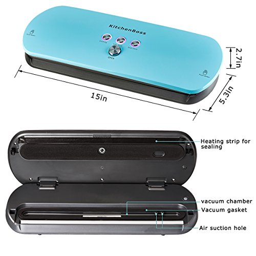 Vacuum Sealer Machine KitchenBoss for Dry & Moist Foods Preservation Automatic Vacuum Sealing System, Intelligent LED Indicator Lights, Manual Inching Function with Starter Kit (Color: Blue)