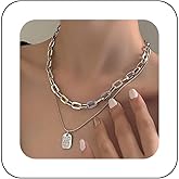 Andelaisi Boho Layered Square Choker Necklace Gold Initial Square Pendant Necklace Paperclip Chain Necklace Choker Vintage Round Snake Chain Necklace Choker Punk Chunky Link Chain Necklace for Women