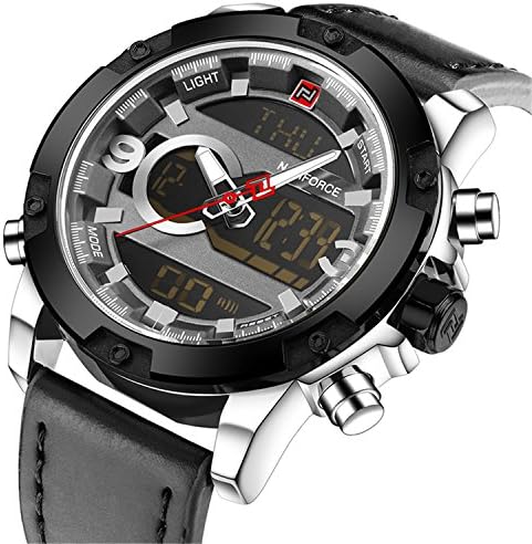 Meetloveyou Men Analog Digital Leather Sports Watches Men's Army Military Watch Man Quartz Clock Relogio Masculino Silver Black