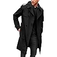 Pretifeel Mens Trench Coat Slim Fit Double Breasted Long Jacket Notched Lapel Belt Fall Windproof Coat