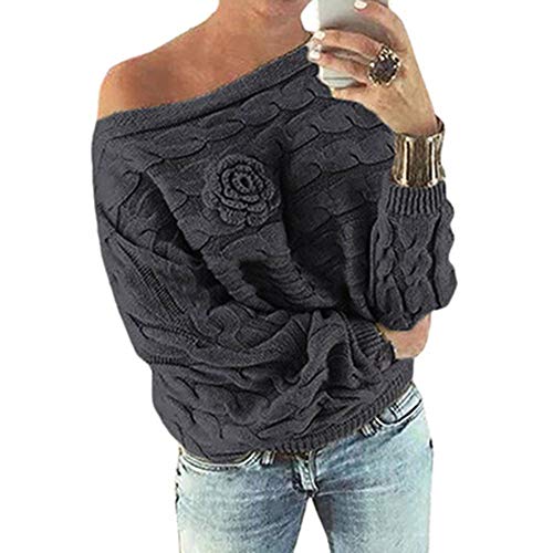 UONQD Womens Multicolor Striple Flower Sweater Casual Knitted Loose Pullover (Medium,Dark Gray)