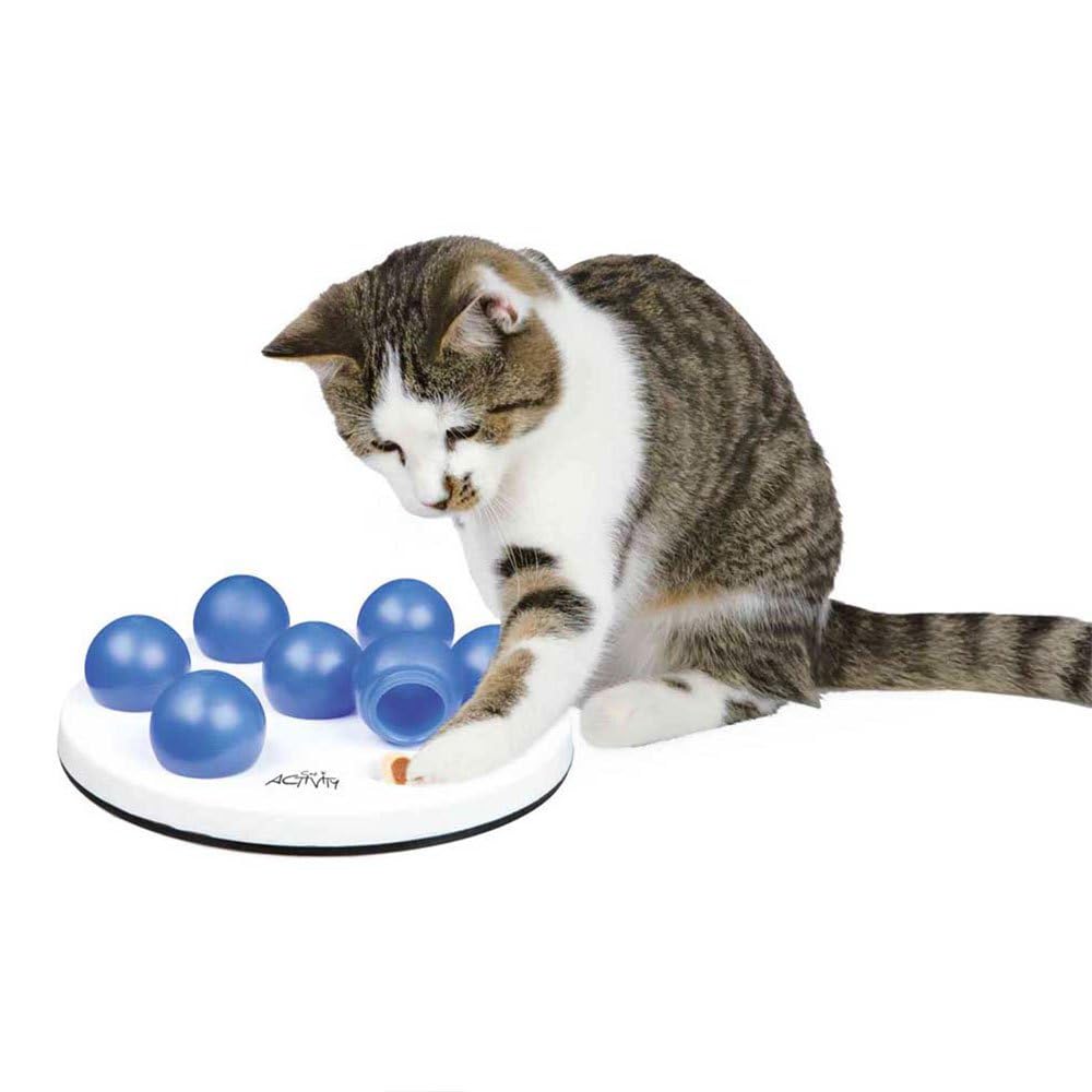 TRIXIE Solitaire strategy game for cats - game board with 7 cover balls - non-slip rubber ring - dishwasher-safe - incl. training instructions - plastic - grey, red, mint - ø 20 cm - 4594