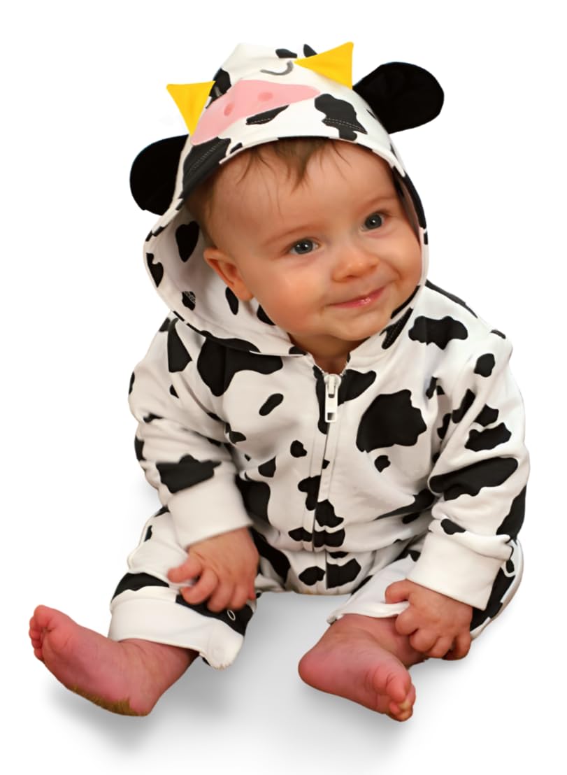Moo's Cow Baby Romper Outfit for Boys or Girls | Cute Cow Hooded Zip Onesie Suit - New Baby or Parents Gift UK (3-6 months)