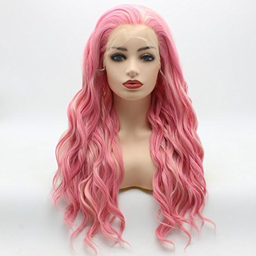 Meiyite Hair Wavy Long 24inch Pink and Light Blonde Mix Heavy Density Realistic Synthetic Lace Front Wigs