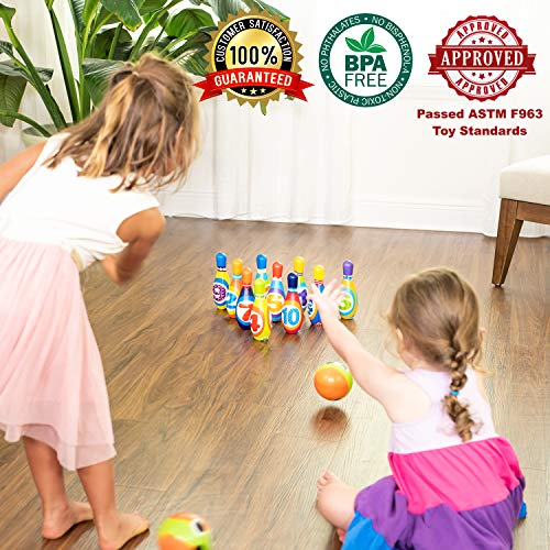 Fun Kids Bowling Play Set by ZenTeck [12-Piece]| Child Safe Lightweight Pins & Balls Sport Game for Boys, Girls, Toddlers, Children| Indoor Developmental Physical Activity No-Noise Family Game
