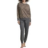 Splendid Women's 2-Piece Pajama Set Long Sleeve Crewneck Top Jogger Pants (X-Small, Leopard)