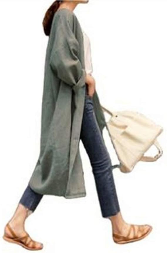 Amazon Janejp カーディガン レディース 長袖 コート 無地 綿麻 アウター ロング丈 羽織りトレンチコート ジャケット 薄手 カジュアル リネンコート スプリングコート ゆったり ロングコート シャツコート ノーカラーコート 冷房対策 春 夏 秋 コート ジャケット 通販