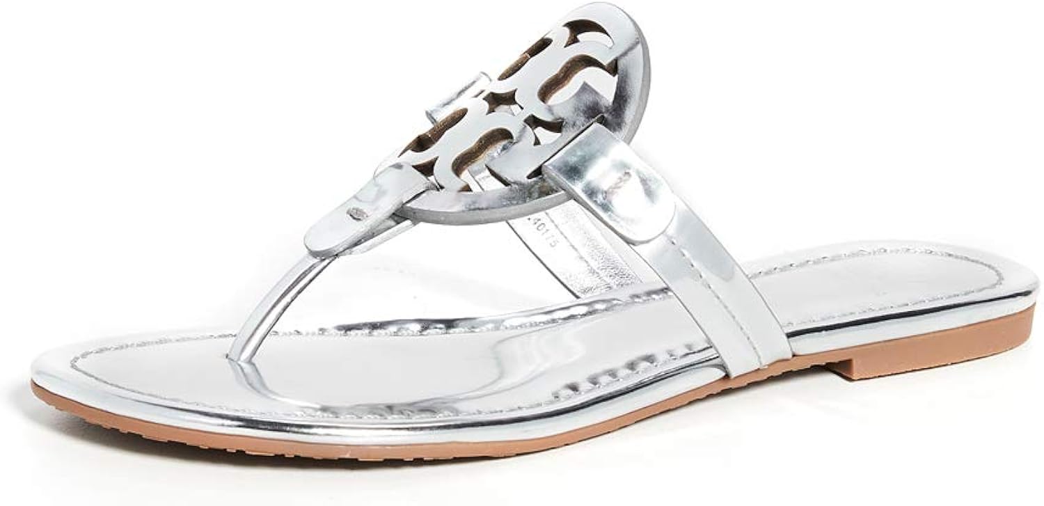Amazon.com | Tory Burch Women's Miller Mirror Metallic Silver Leather Sandal - 6M | Flip-Flops