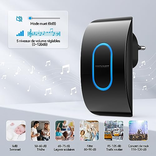 TECKNET Waterproof Outdoor Wireless Doorbell with 2 Receivers, 400 m Range, IP65 Waterproof Chime, 60 Melodies and 5 Levels Volume, Blue LED Indicator, for Home, Hotel – Black