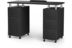 Charmmade Nail Desk Table with Lockable Wheels for Nail Tech Manicure Table with Drawers for Technician Nail Workstation w/Large Storage Cabinet, Wrist Pad, Professional for Beauty Salon Makeup, Black