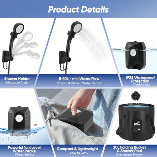 Thalyrnn Ducha portátil para Camping, 6000mAh Bomba de Ducha, 4 Modos de iluminación, Resistencia al Agua IPX8, 5 Modos rociado, Kit con Cubo Plegable 20 L – para Playa, Senderismo, Mascotas y Auto