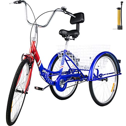 Bkisy Tricycle Adult 24” 1-Speed 3 Wheel Bikes for Adults Three Wheel Bike for Adults Adult Trike Adult Folding Tricycle Foldable Adult Tricycle 3 Wheel Bike Trike for Adults (Blue)