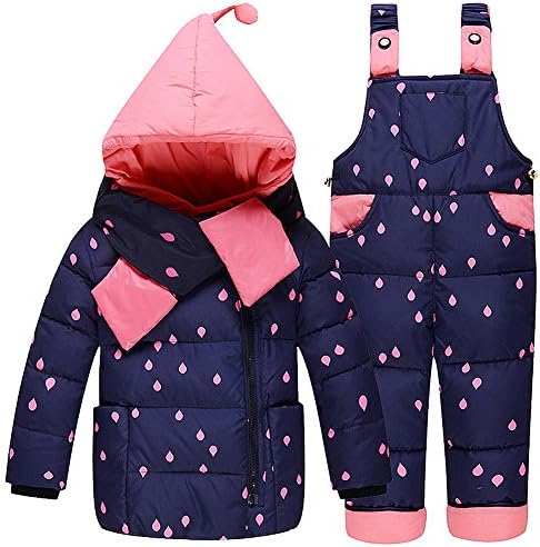ISNOWKING Little Girls' Winter Down Snowsuits with Sling Pants and Winter Scarves (2T, Navy)