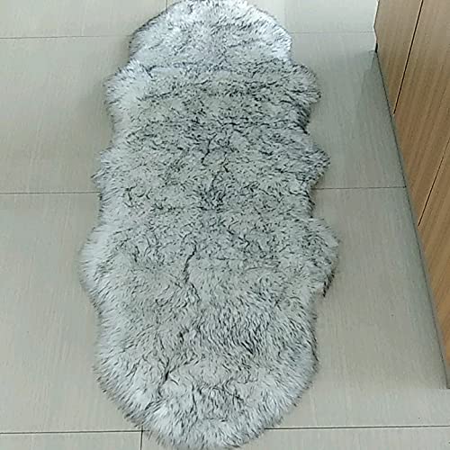 Waterlily Faux Fur Rug Sheepskin Soft Shaggy Plush Fluffy carpet bedroom bedside sofa couch bathroom floor mat (White with Grey tip, 60x180 pelted)