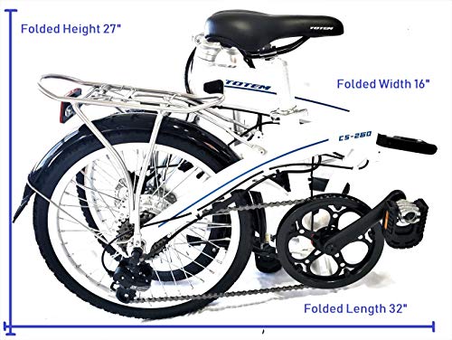 Totem Electric Bicycle 250W Commuter Series 20" Folding Bike w/Removable 36V Battery, 5 Level Pedal Assist and Pedal-Free Mode, USB Charging Port, Lightweight 44 lbs, Ships Fully Assembled - White