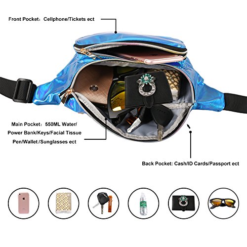 Mum's memory Metallic Hologram Fanny Pack – Outdoor Sport Waist Pack for Running, Hiking, Traveling for Women and Men (Blue)
