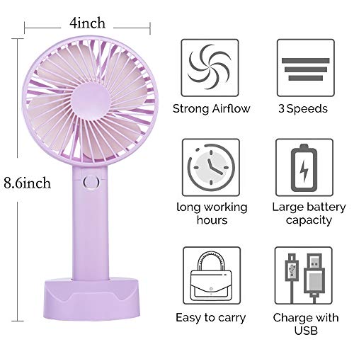 Battery Handheld Fan, Portable Battery Operated Fan : Rechargeable & Adjustable 3 Speeds Mini Personal Electric USB Fan with Desk Stand for Home/Office/Travel/Outdoor (Purple)