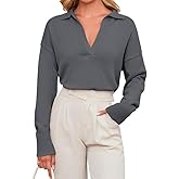 OLAPTA Women Knitted Lapel Collar Crop Sweater Polo V Neck Long Sleeve Loose Fit Casual Comfy Pullover Sweater Jumper Tops