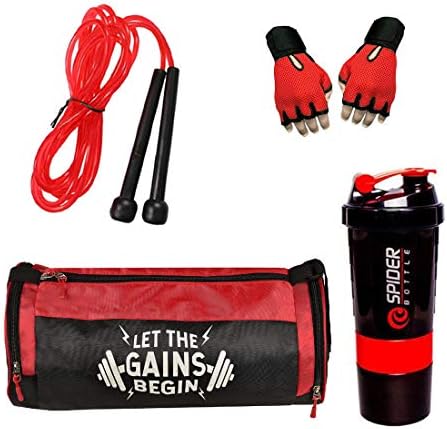 Snipper Premium Combo of Let The Gain (Red) Duffle Gym Bag, Gloves (Red) (Free Size), Spider Shaker (Red) and Skipping Rope (Red) Gym/Fitness Kit/Combo/Gym Accessories/Gym Kit/for Men and Women