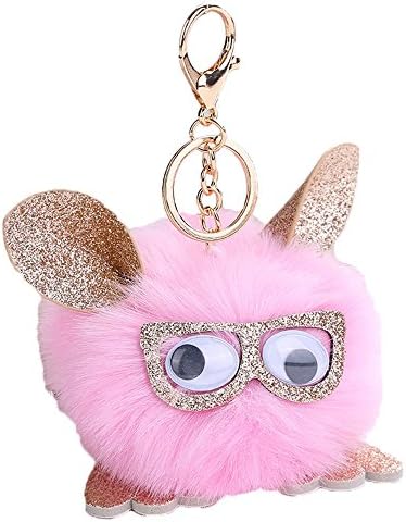 Yingrui Owl Fluffy Fur Key Chain Plush Ball Pompom PU Keyring Bag Purse Charms (Pink)