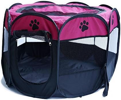 HENREK Pet Dog Cat Playpen Cage Crate - Portable Folding Exercise Kennel - Indoor & Outdoor Use (S(28"Dia x 18"H), Rose red)