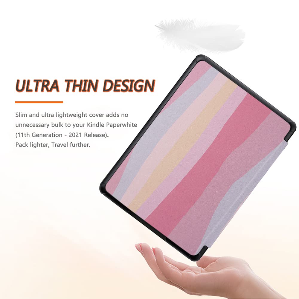 SCSVPN Case for 6.8'' Kindle Paperwhite 11th Generation & Signature Edition 2021 Release (Model NO. M2L3EK / M2L4EK), Slim PU Leather Smart Cover with Hand Strap and Auto Sleep/Wake (Colorful Pink)