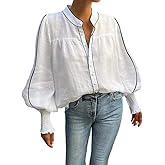 UOOZEE Women's Smocked Cuffed Long Puff Sleeve Loose Fit Dressy Casual Blouses Shirts Contrast Striped Button Down Top