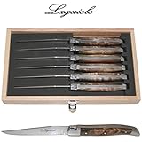 Original Laguiole - 6 Steak Knives - Exotic AMBOYNA BURL Wood - Blade: Smooth + Very Sharp (Perfect Heavy Steak/Pizza Knife) - Exclusive Quality Family Table Burr Flatware/Cutlery Setting for 6 People - Direct From France