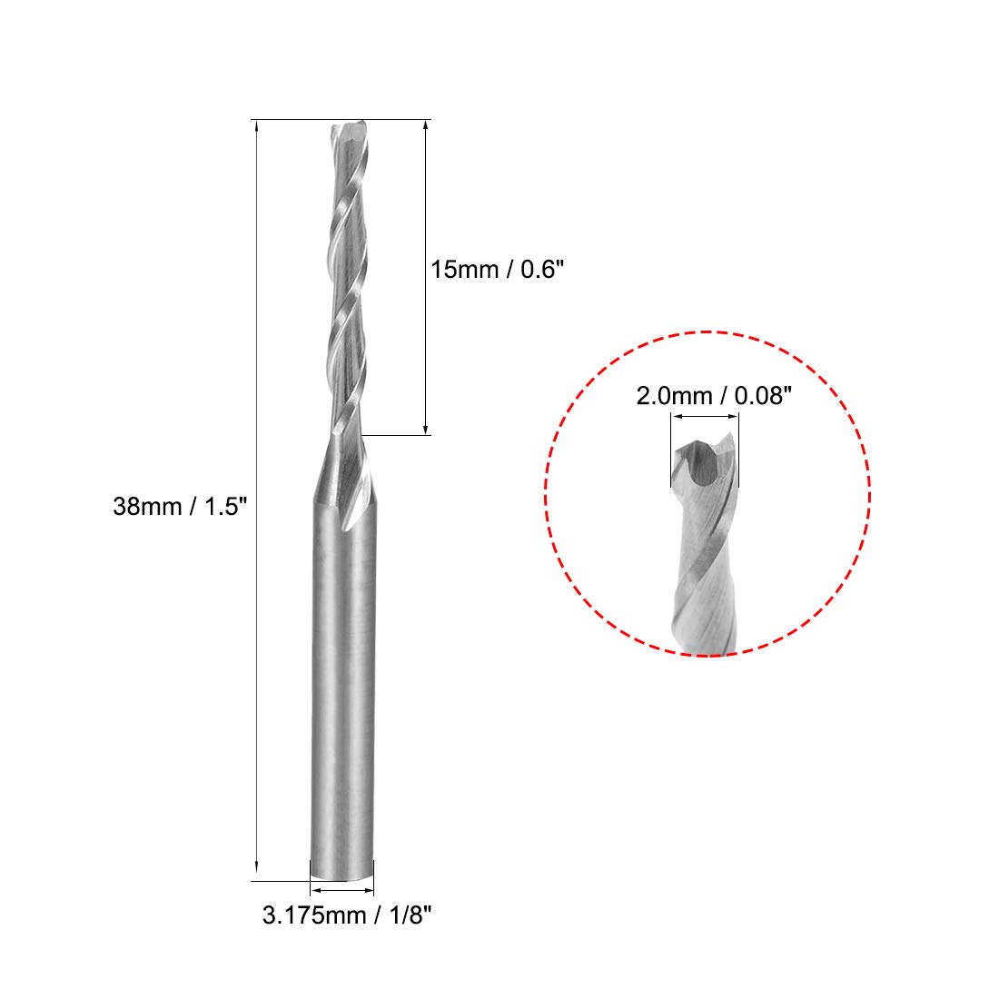 sourcingmap 1/8" Shank 2.0mm x 15mm Carbide End Mill CNC Router Bits 2 Flute Milling Bit for Acrylic PVC MDF Wood - Image 4