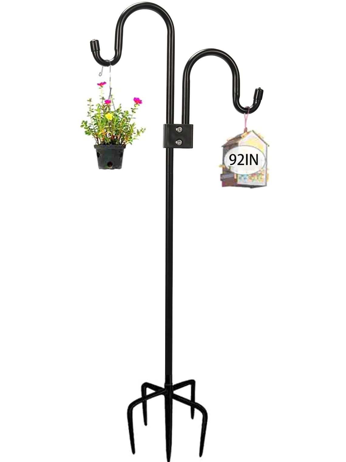ADTSADDTO Double Shepherds Hook for Outdoor, 28.5 to 92 Inch Adjustable Garden Hooks with 5-Prong Base, Heavy Duty Garden Hook for for Garden Lights, Lanterns, Plant Baskets, Wind Chime (92) — image 1