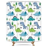 Riyidecor Cartoon Dinosaur Kids Shower Curtain Green Leaf Tree Bathroom Decor Fabric Bathroom Set Polyester Waterproof 72 x 72 Inches with 12 Pack Plastic Shower Hooks