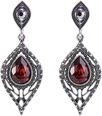 JoinMe Women's Vintaged Style Hollow Out Crystal Teardrop Dangle Earrings Antiqued Silver-Tone Red