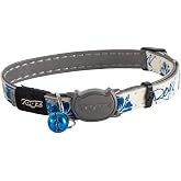 Rogz Glow in the Dark Reflective Cat Collar with Breakaway Clip and Removable Bell, fully adjustable to fit most breeds, Blue Floral Cat Design
