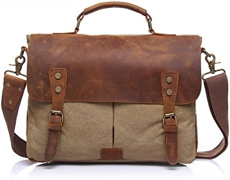 AUGUR Men's Vintage Genuine Leather Laptop Messenger Bags Canvas Satchel Shoulder Bag (Khaki)