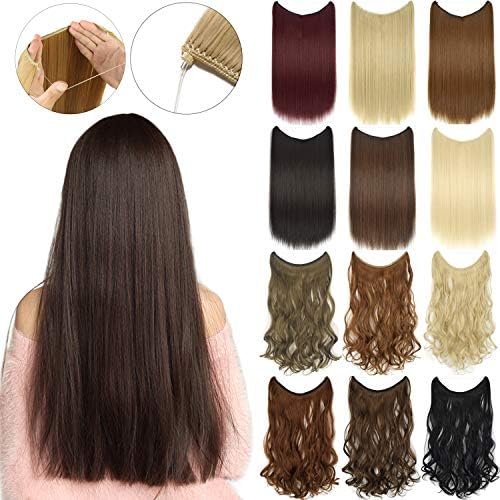 MANWU 20''-Curly 22”-Straight Halo Hair Extensions Invisible Wire Line Hidden No Clips Synthetic Hairpieces 80g 2.82oz (22"-Straight, 25 Light golden blonde)
