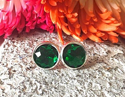 Dark Green Crystal Studs, 12mm green stone, silver earrings, druzy earrings, green earrings, green jewelry, silver jewelry, circle emerald