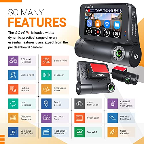 Rove R3 Dash Cam, 3” IPS Touch Screen, 3 Channel Dash Cam Front and