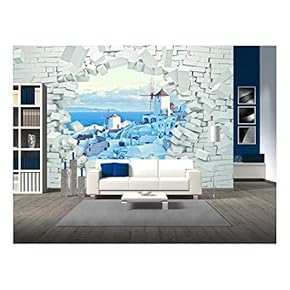 Breaking 3D Wall and Santorini Landscape - Removable Wall Mural | Self-Adhesive Large Wallpaper - 66x96 inches