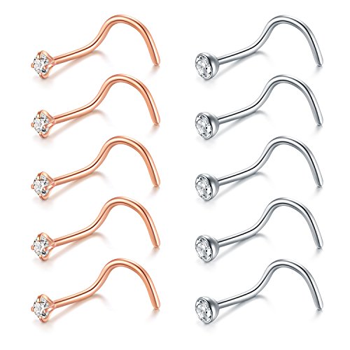 Briana Williams Nose Rings 10Pcs 20G Nose Screw Rings Studs Surgical Steel Piercing Jewelry 2mm Clear CZ Mix Color