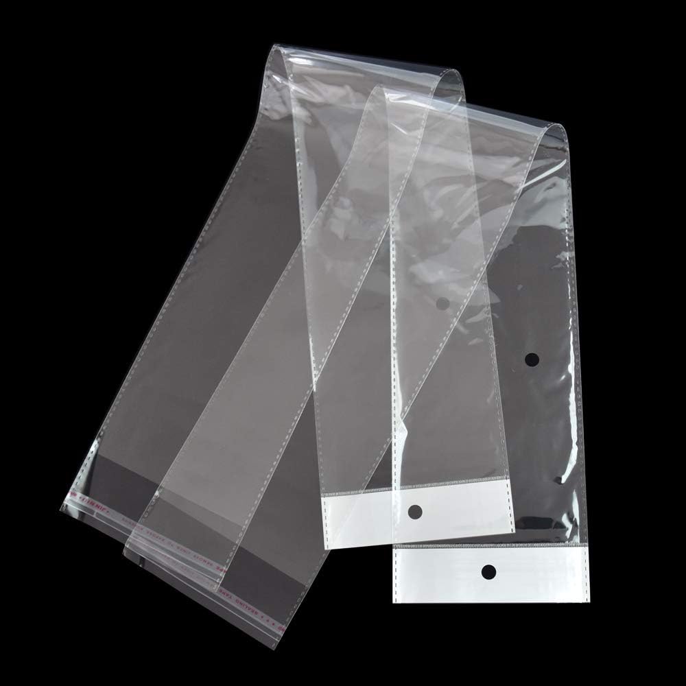 5 Size Available Clear OPP Self-Adhesive Poly Bags Hair Extension Wig Packaging Transparent Plastic Bag with Hang Hole Sundries Storage Pouches 100 Pieces (15.5x47cm)