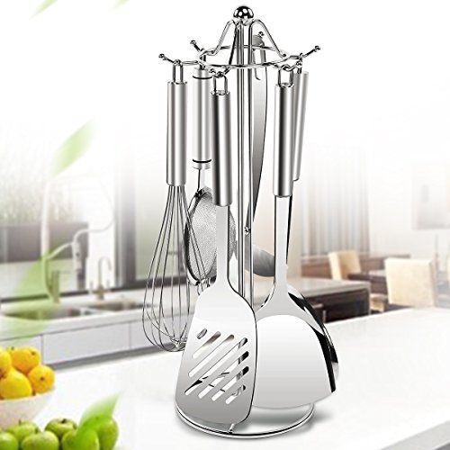 SINGAYE Utensil Stand Kitchen Tools Rack 304 Stainless Steel Holders 16.1 inch, 6 Hooks for Spoon,Soup Ladle,Pasta Server, Spatula etc.