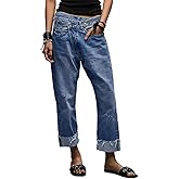 Women's Stretch Asymmetrical Fly Denim Jeans, Rolled Cuff Design, Comfortable Slim Fit Casual Pants